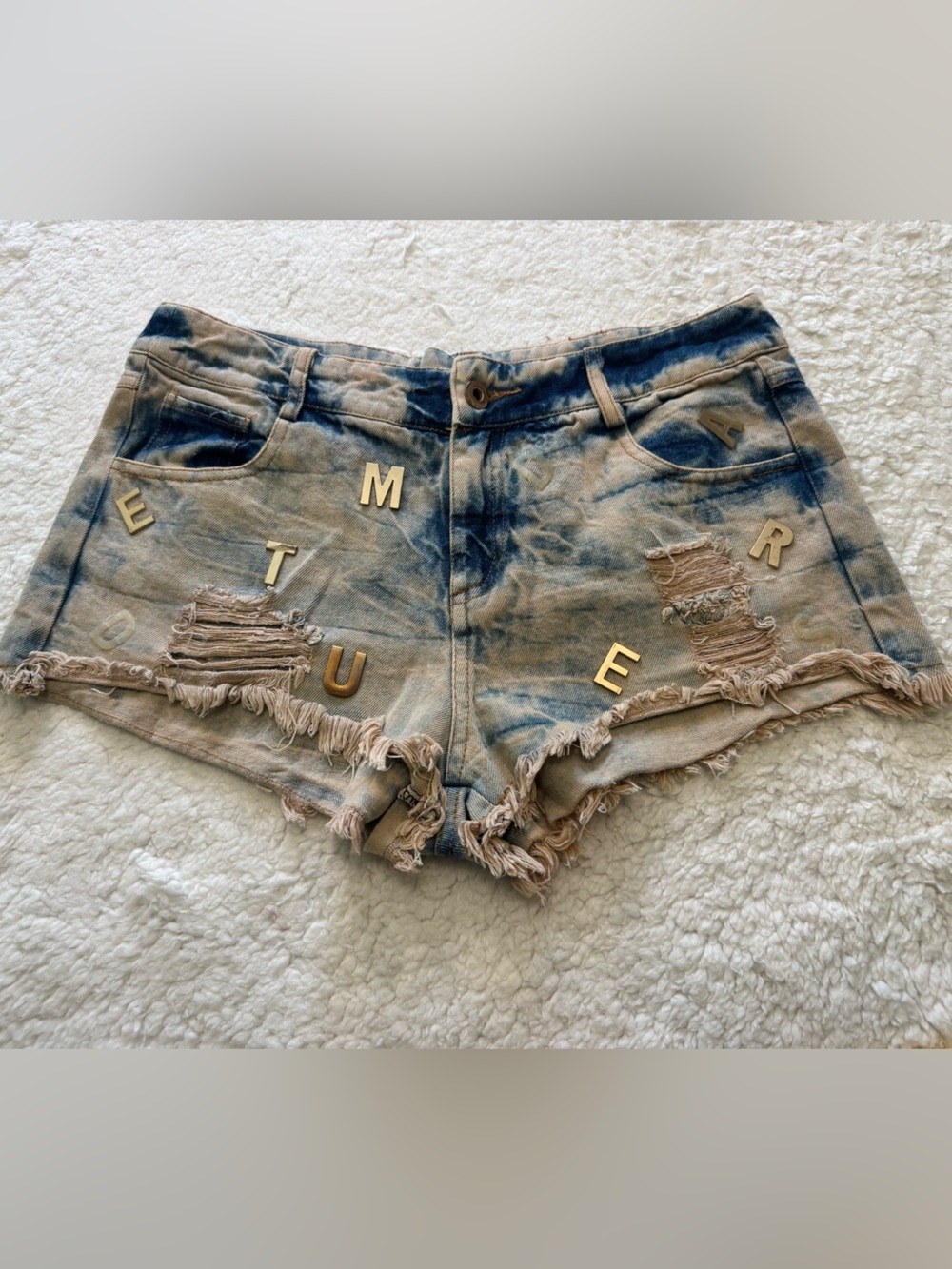 Mustard Seed Blue & Tan Tie-Dye Distressed Denim Shorts